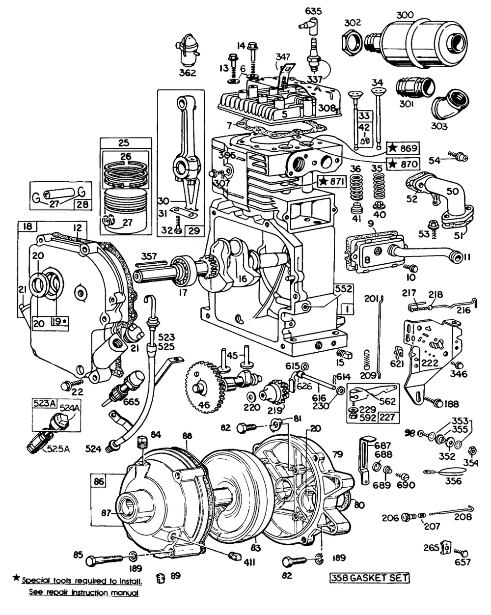 Cyl,crankcase,piston,gearcase Diagram and Parts List for  Briggs and Stratton Engine